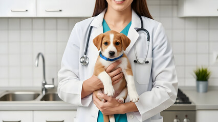 Happy veterinarian holding a cute puppy in clinic