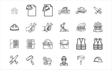 Construction and repair tools and building elements icon set