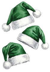 three hyper-detailed emerald green santa hats with textured white fur pom-poms, watercolor illustration on transparent copy space background. traditional holiday spirit concept
