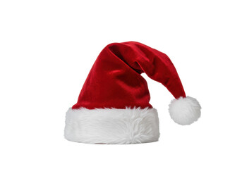 Detailed product shot of a plush, crimson red velvet christmas stocking cap with thick white faux-fur and pom-pom, isolated on a transparent background, high-end holiday concept.
