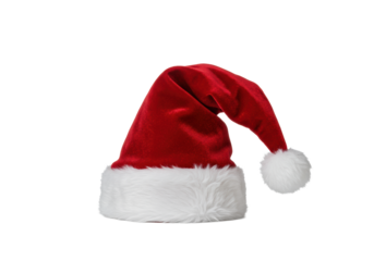 Detailed product shot of a plush, crimson red velvet christmas stocking cap with thick white faux-fur and pom-pom, isolated on a transparent background, high-end holiday concept.