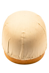 Canvas-covered millinery head block for hat-making display isolated on a transparent background