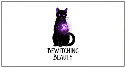 Mystical Black Cat Holding Glowing Purple Orb Enchantment Vector Illustration Isolated