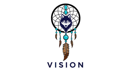 Mystical Dreamcatcher with Wolf Head and Turquoise Feathers Indigenous Spiritual Symbol Design