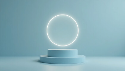 Minimalist blue podium with a glowing white oval neon light against a soft blue background