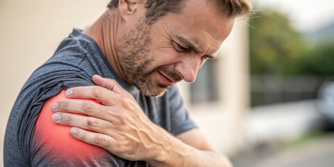 Male shoulder pain injury inflammation muscle strain ache discomfort adult man closeup outdoors healthcare