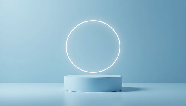 Minimalist pastel blue stage with a glowing white oval neon light and a cylindrical pedestal