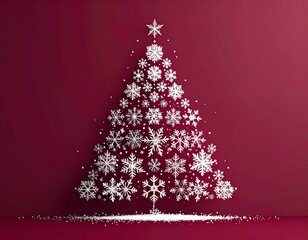 Biała Choinka na bordowym tle. Świąteczna kartka z choinką z białych płatk&oacute;w śniegu. Elegancka i minimalistyczna kartka świąteczna, grafika z choinką, Boże Narodzenie.
