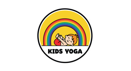 Joyful Child Yoga Logo Smiling Kid Practicing Pose Under Arching Rainbow Vector Illustration