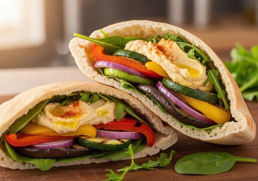 Freshly made veggie pita sandwiches filled with hummus and colorful vegetables.