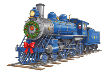 Majestic sapphire blue vintage steam locomotive, ornate brass details, detailed christmas wreath and crimson bow, standing on a short track against a brilliant white void. Concept of classic holiday
