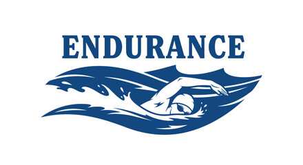 Vigorous swimmer logo in dynamic blue water representing athletic endurance and aquatic sport