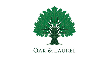 Obraz premium Elegant green oak tree logo graphic with text Oak and Laurel on clean white background