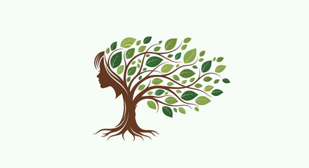 Elegant woman's face merged with a vibrant tree, green leaves flowing symbolizing nature and ecology