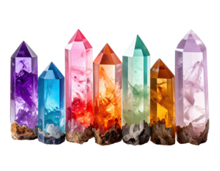 Assortment of crystal formations, each with unique vibrant hues, standing on natural bases