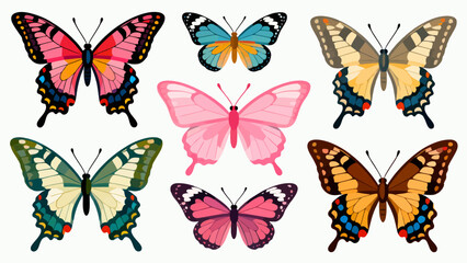 This vibrant illustration displays a collection of diverse, colorful butterflies with intricate wing patterns, capturing the delicate beauty and variety of these insects.