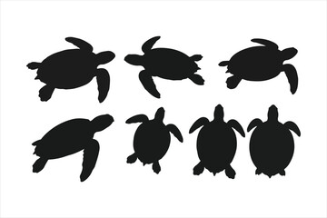 Set of six black sea turtle silhouettes in various poses, isolated.