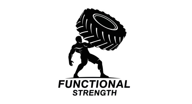 Powerful muscular man lifting heavy tire functional strength training logo design - Powered by Adobe