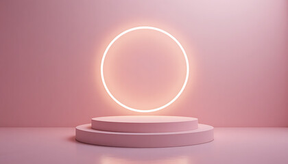 Illuminated neon egg shape glowing above a modern pedestal on a soft pink background