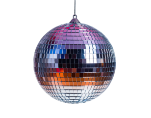 Hanging, reflective sphere, tiled with small mirrors, reflecting light and colors, isolated