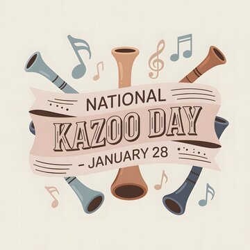 Creative National Kazoo Day graphic featuring vibrant kazoos, playful melody icons, musical celebration theme, January 28 holiday, and fun instrument appreciation design.