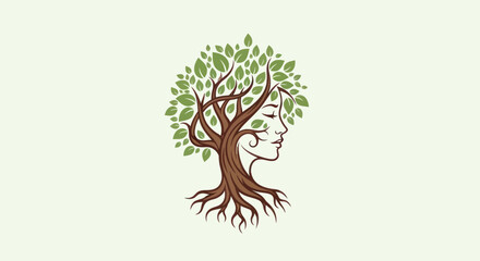 Obraz premium Elegant tree woman profile illustration symbolizing organic nature connection and serene growth