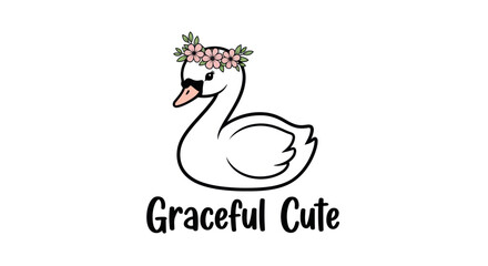 Cute cartoon swan with floral crown elegant vector illustration for child designs