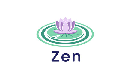 Serene purple lotus flower logo on green water lily pad with calm ripples vector art © Alienmarsh