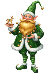 Sprightly male elf in emerald velvet and faux fur, golden beard, presenting an intricate wooden toy, detailed watercolor on cold press paper, whimsical holiday concept