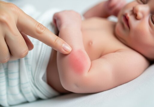 Parents finger pointing at a red rash or irritation on the elbow of a newborn baby lying down, closeup view of skin issue