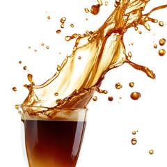 Golden liquid splashing out of a glass isolated on transparent background
