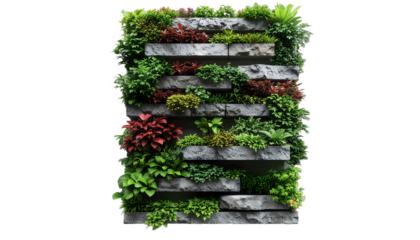 Vibrant Living Wall A Detailed Perspective of a Lush, Green Vertical Garden with Diverse Plants and Stones, Perfect for Eco-Friendly Designs