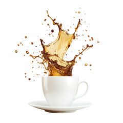 White coffee cup with splash of coffee isolated on transparent background
