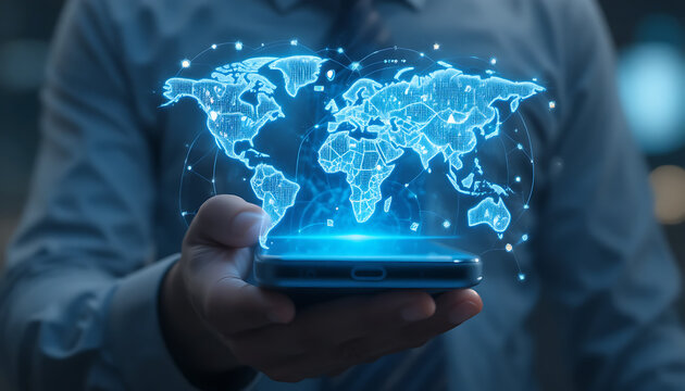 Person holding a smartphone displaying a glowing blue digital holographic world map with interconnected lines and points of light