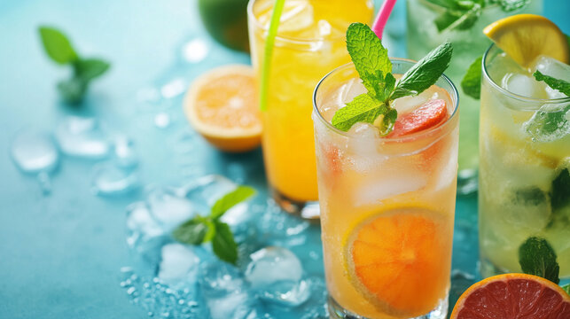 Refreshing Summer Cocktails: Colorful Drinks with Citrus, Mint, and Ice. Perfect for a Tropical, Vacation or Summertime Vibes - Powered by Adobe