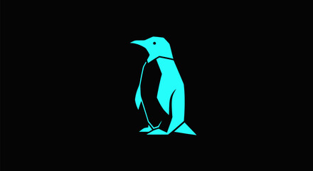 Minimalist Geometric Cyan Penguin Silhouette on a Solid Black Background Design Element