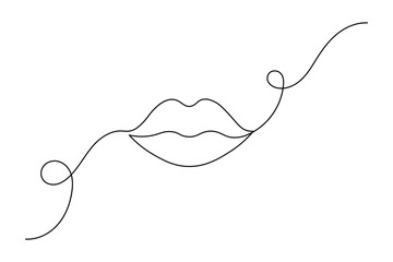 Continuous line art drawing of elegant female lips in a stylized minimalist design on a pure white background.