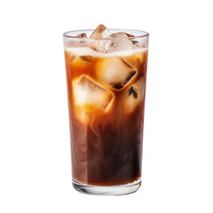 Tall glass of iced coffee with ice cubes isolated on transparent background