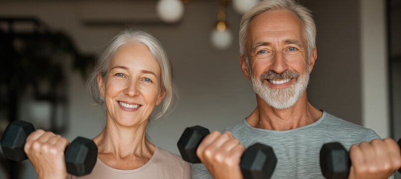 Smiling Senior Couple Exercising with Weights in Warm, Health-Focused Setting