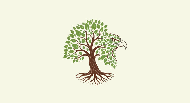 Strong organic tree with eagle head formed by green leaves and roots symbol of nature strength and