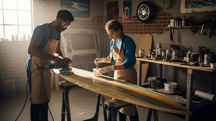 Two people working on a surfboard in a workshop with tools and supplies on shelves and a workbench