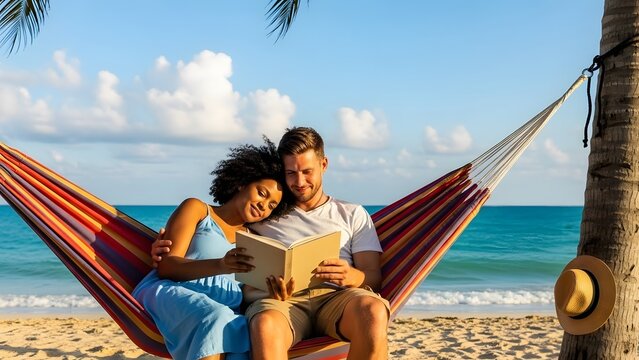 Couple reading a book together in a hammock on a tropical beach with blue sky and ocean view - Powered by Adobe