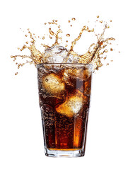 Cola drink with ice and splash isolated on transparent background