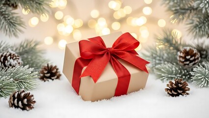 Obraz premium Christmas gift with red ribbon on snow with pine cones and bokeh lights