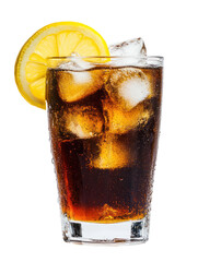 Refreshing cola drink with ice and lemon slice isolated on transparent background