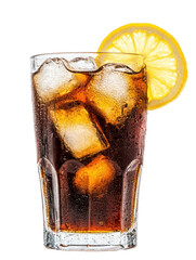 Refreshing cola drink with ice and lemon slice isolated on transparent background