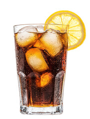 Glass of cola with ice and lemon slice isolated on transparent background