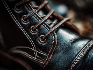 Close-up of a polished black leather boot with detailed stitching and laces