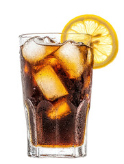 Glass of cola with ice and lemon slice isolated on transparent background