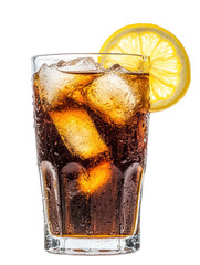 Refreshing cola drink with ice and lemon slice isolated on transparent background